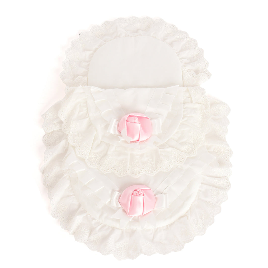 Roma Dolls Pram Bedding Set - White with Pink Rose, bedding detail 2