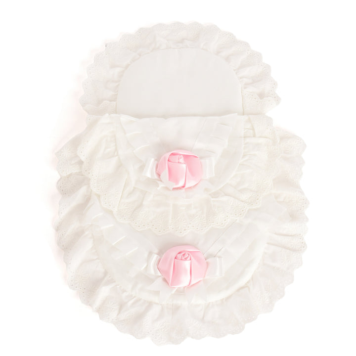 Roma Dolls Pram Bedding Set - White with Pink Rose, bedding detail 2