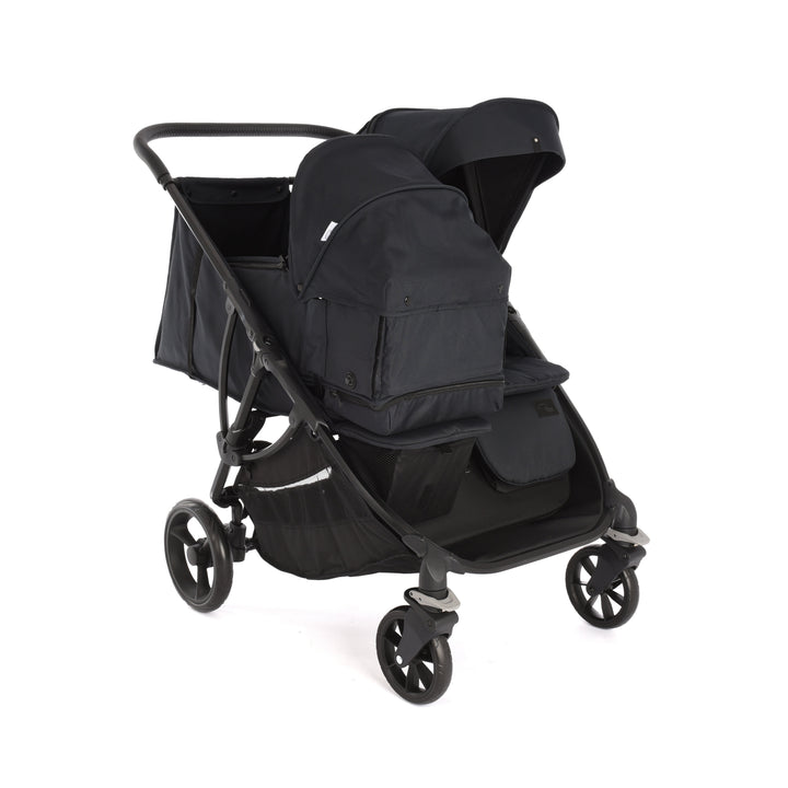Roma Gemini 2 double pushchair in Jet Black fitted with carry cot