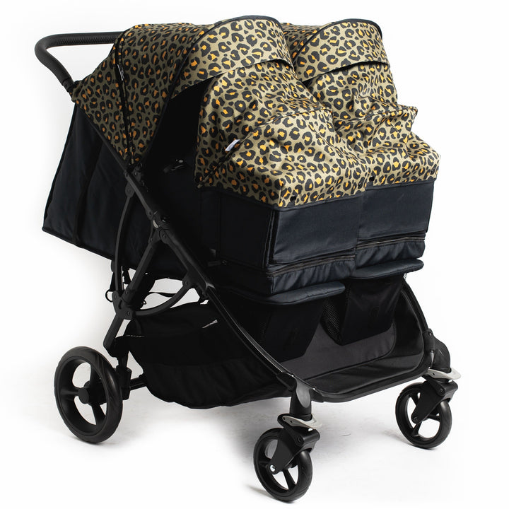 Roma Gemini 2 double pushchair in Khaki Leopard fitted with two carry cots for twins