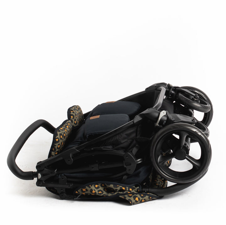 Roma Gemini 2 double pushchair in Khaki Leopard, folded on floor