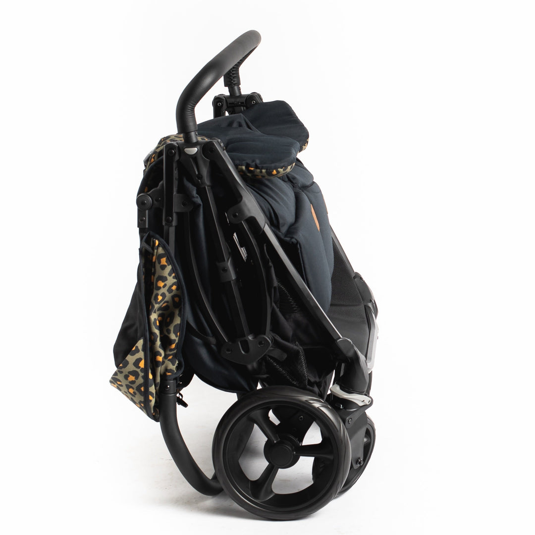 Roma Gemini 2 double pushchair in Khaki Leopard, folded standing