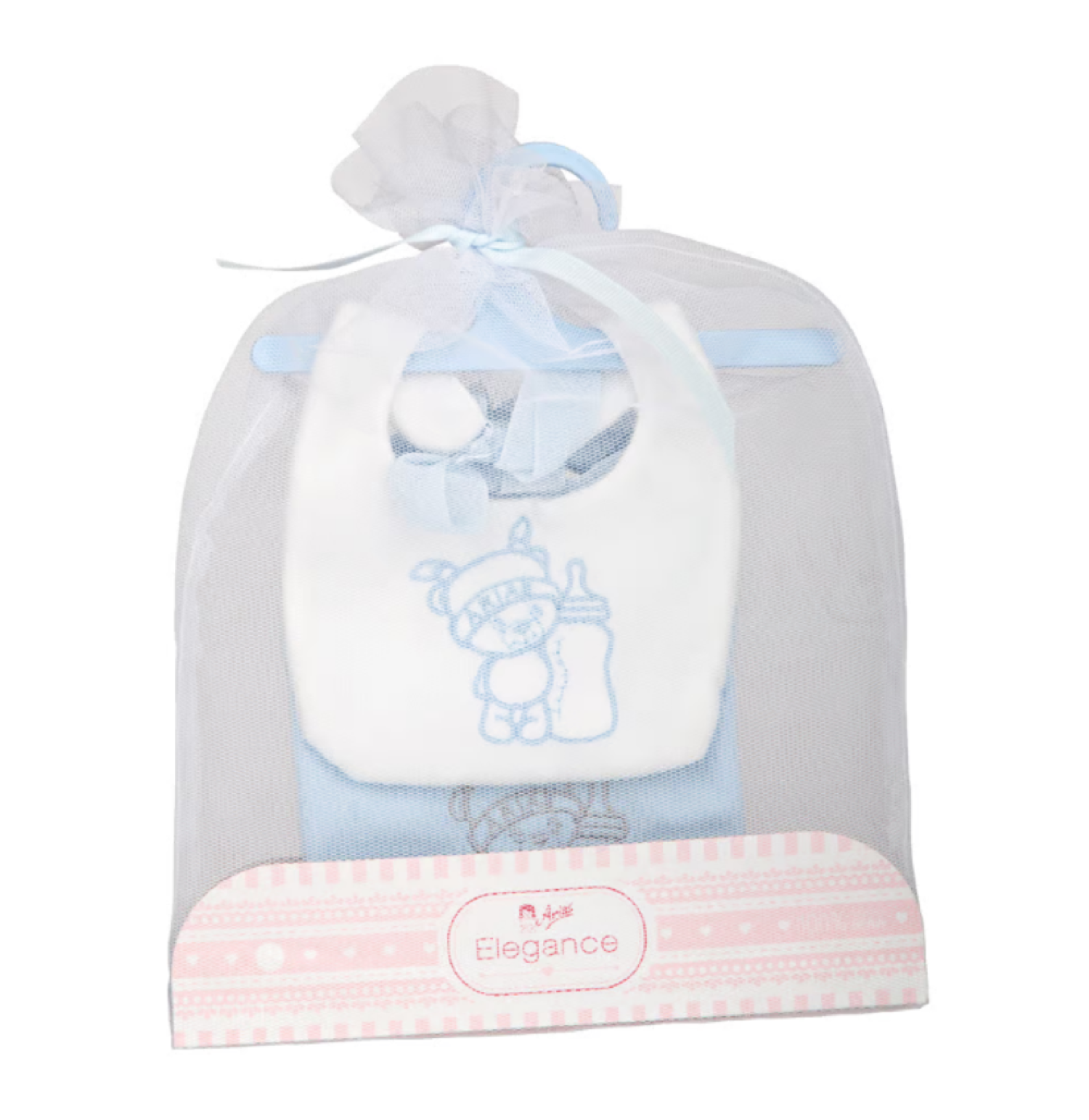 Arias set of two blue and white doll bibs with embroidered teddy design, packaged in an Elegance mesh gift bag