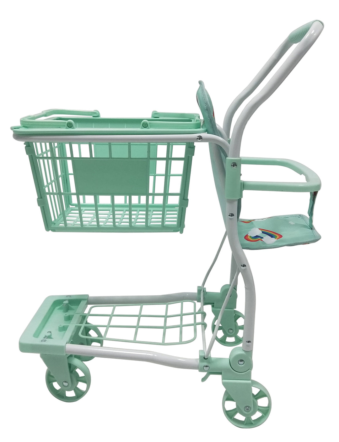 Roma Rupert Shopping Trolley in Mint, seat and rainbow print detail