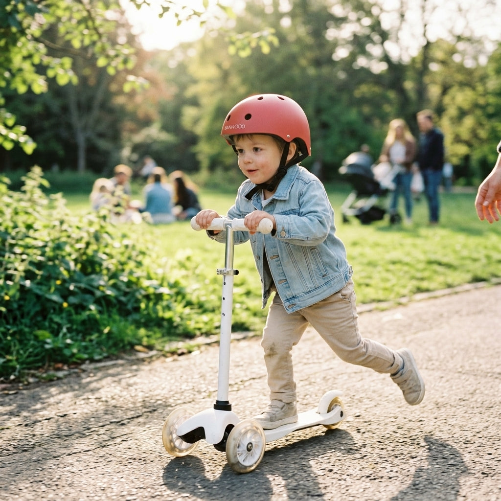 Child wearing the Banwood Classic Helmet in Matte Red while riding a scooter outdoors