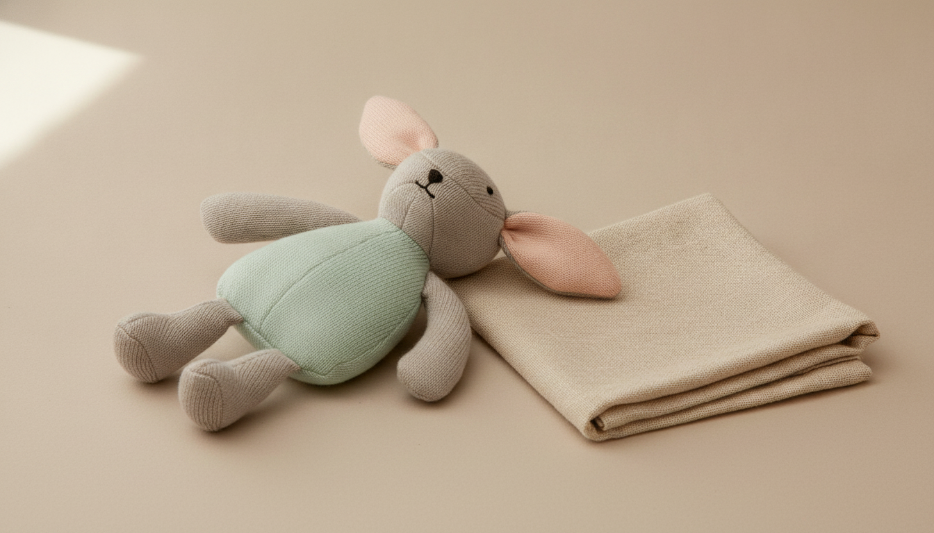 Best Years organic cotton bunny rabbit soft toy in teal, close up on the knitted texture, resting beside a folded fabric swatch