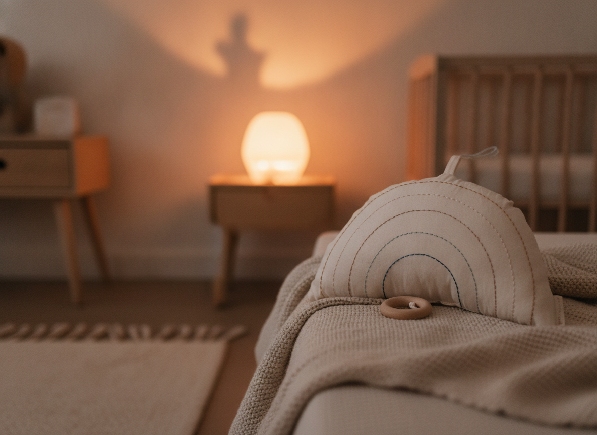 Fabelab musical rainbow sleeping aid resting on a blanket in a warmly lit nursery, part of a calm bedtime routine