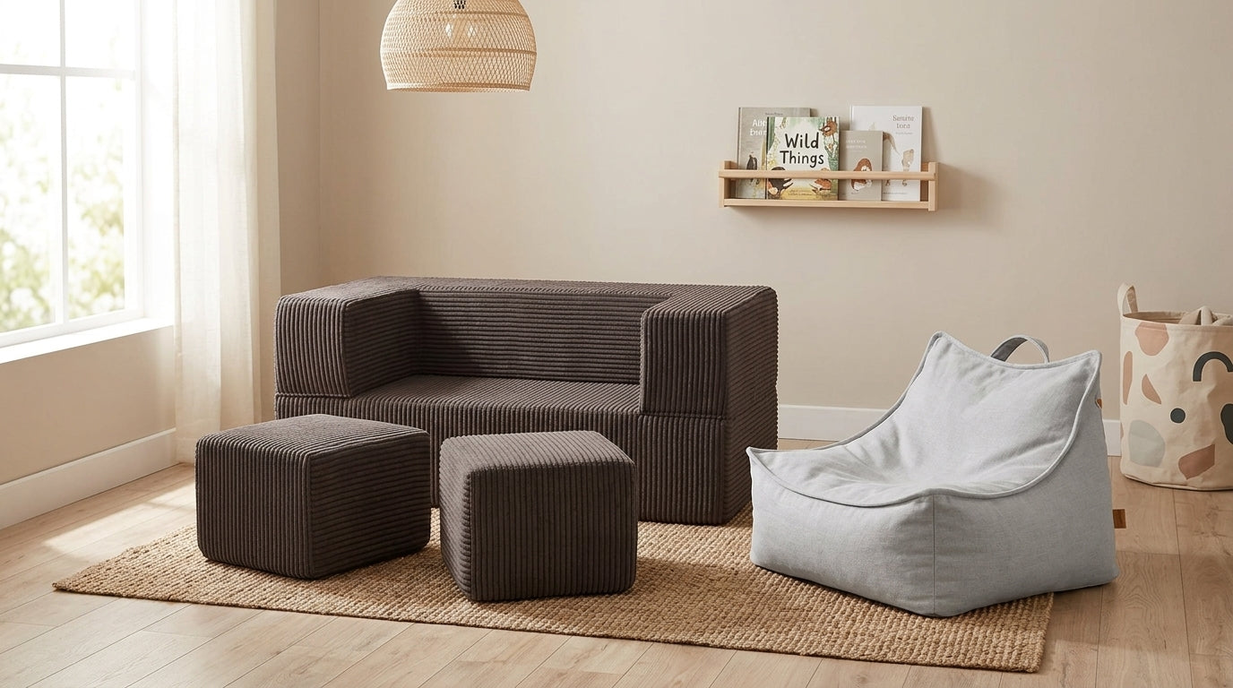 MeowBaby Aesthetic Cube Kids Sofa and Sako Bag pouffe styled together in a playroom, comparing structured and loose seating