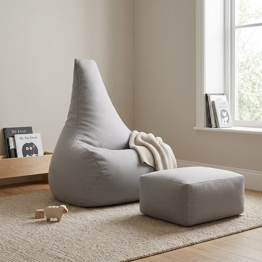 MeowBaby Outzy Tearo Sako Bag shown with its matching footrest in a calm playroom