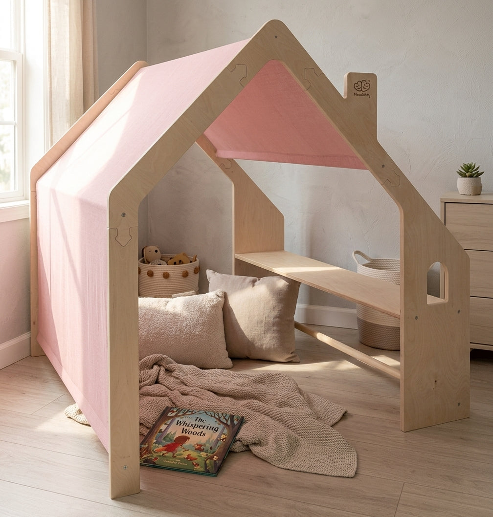 MeowBaby Natural Wooden Playhouse with Pink Roof shown emphasising its enclosed private space