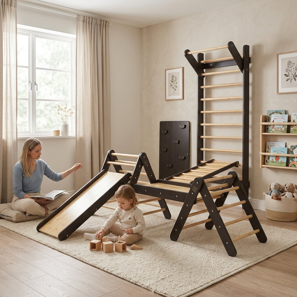 MeowBaby Climbing Triangle with Slide and Climbing Frame Set shown in a calm bedroom setting