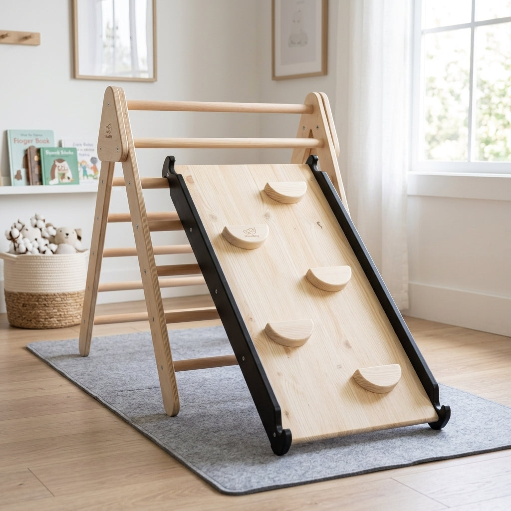 MeowBaby Slide and Climbing Wall Add-On attached to a wooden ladder frame in a playroom