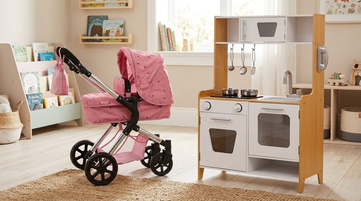 Roma Darcie dolls pram and MeowBaby Natural and White Wooden Play Kitchen styled together as a gift guide pairing