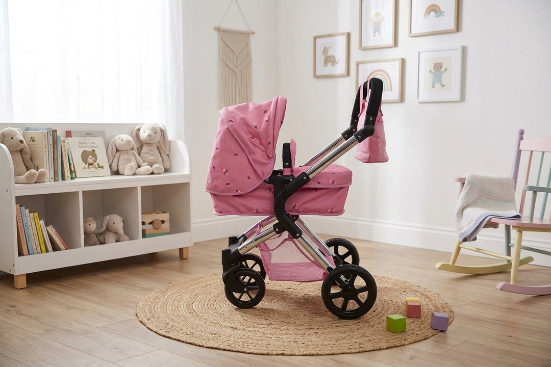 Roma Darcie Pink Dolls Pram shown alone in a calm playroom setting