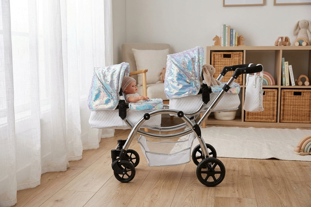 Roma Polly Twin Dolls Pram shown in a calm playroom setting