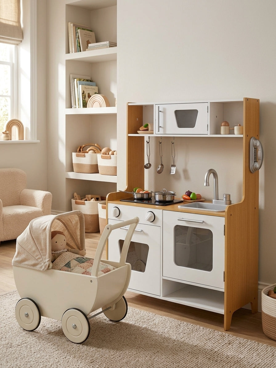 MeowBaby Natural and White Wooden Play Kitchen styled alongside a Roma dolls pram in a calm playroom