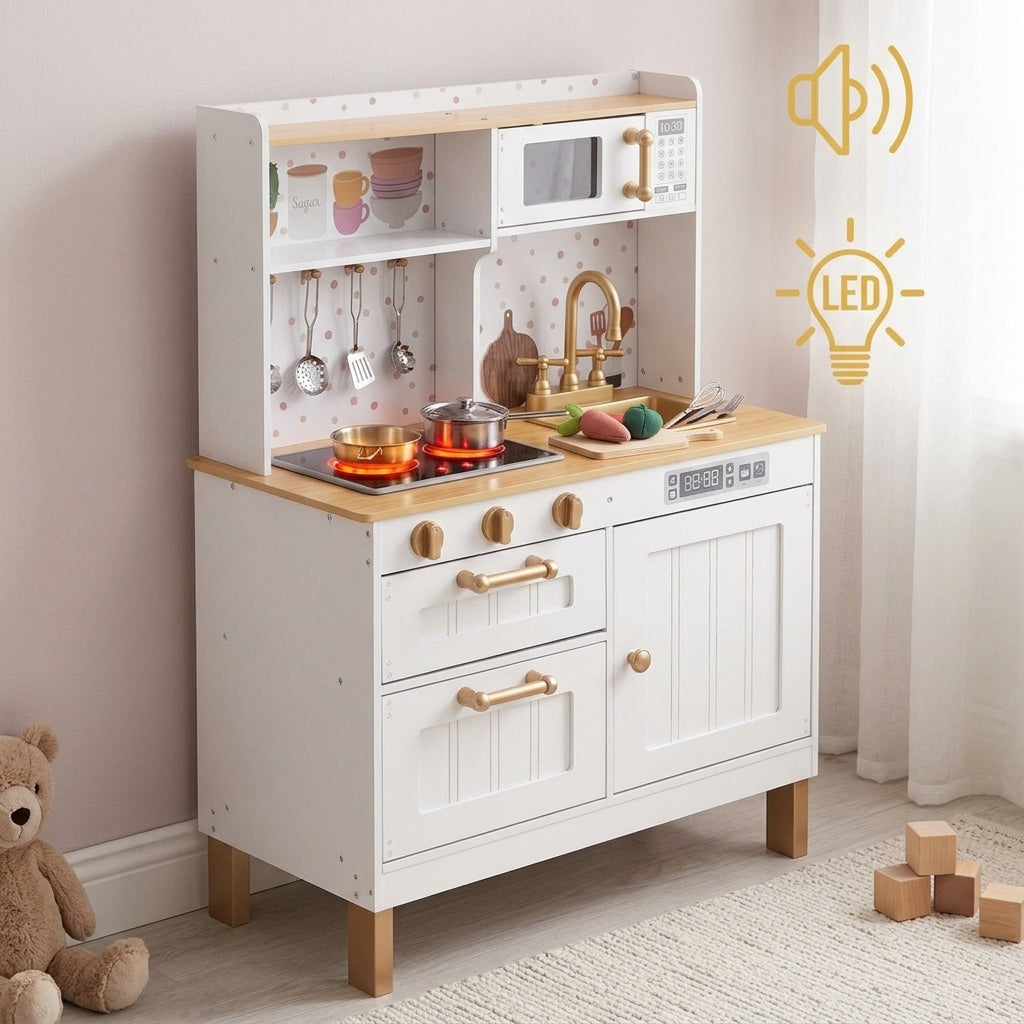 MeowBaby White and Rose Gold Wooden Play Kitchen with illuminating hob shown in a calm playroom