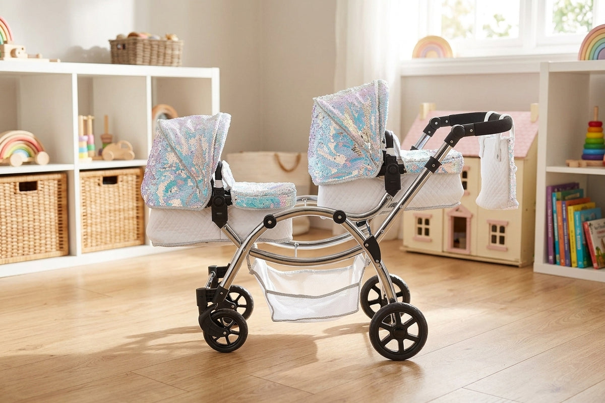 Roma Polly Twin Dolls Pram styled in a playroom setting