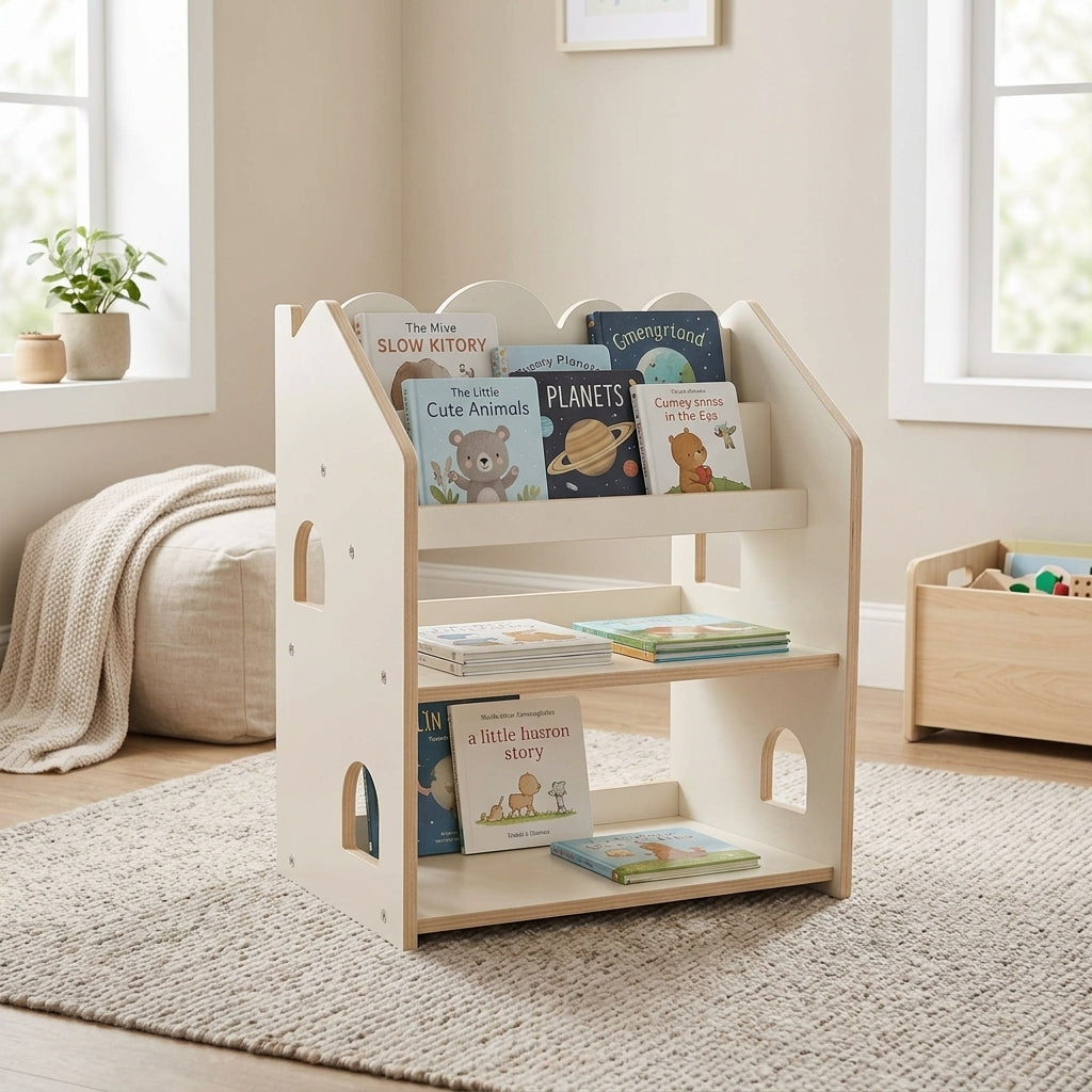 MeowBaby Montessori Bookcase shown with books displayed front-facing at child height