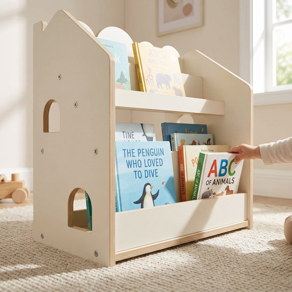 Close-up of front-facing book display on the MeowBaby Montessori Bookcase