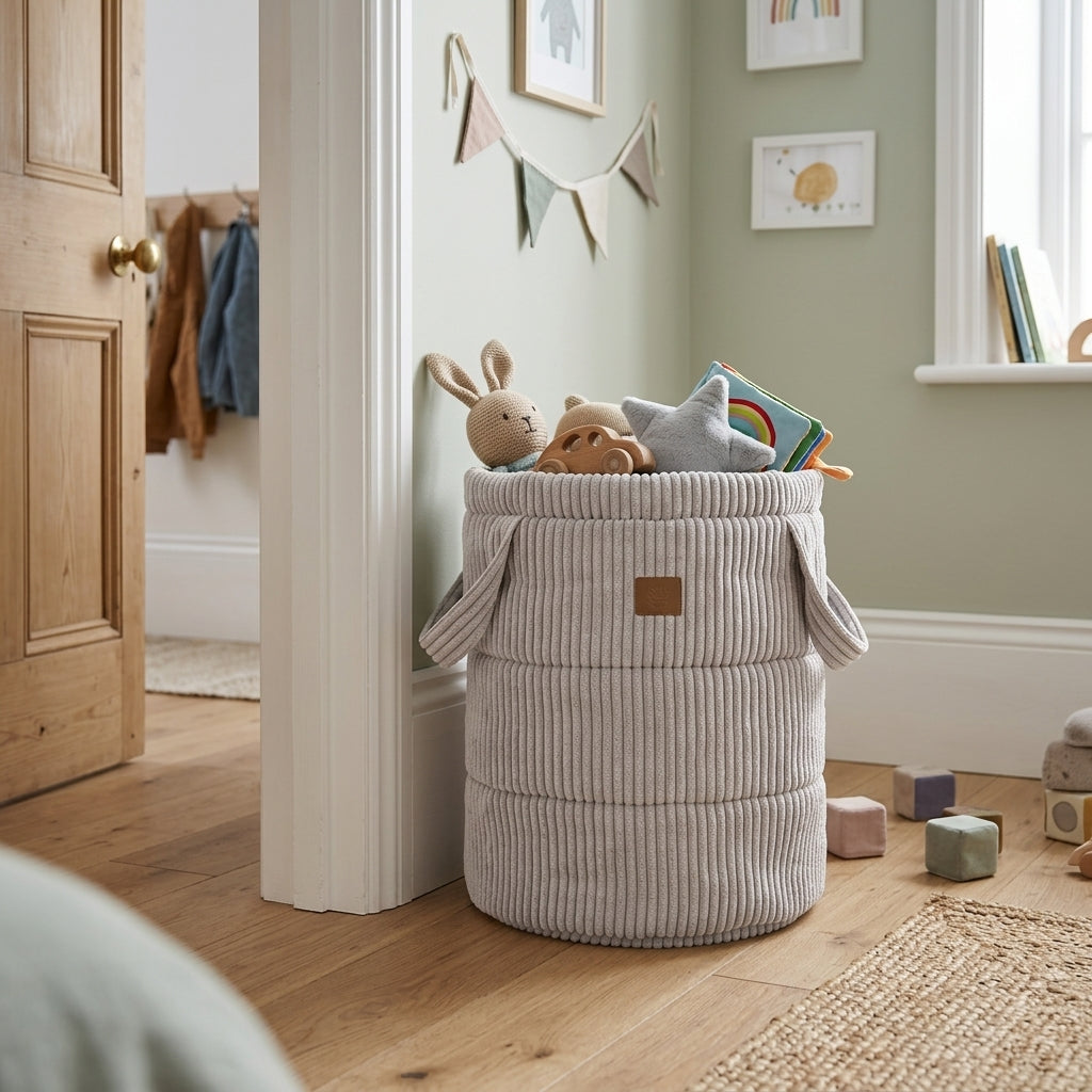 MeowBaby Aesthetic corduroy Toy Storage Basket placed by a playroom doorway