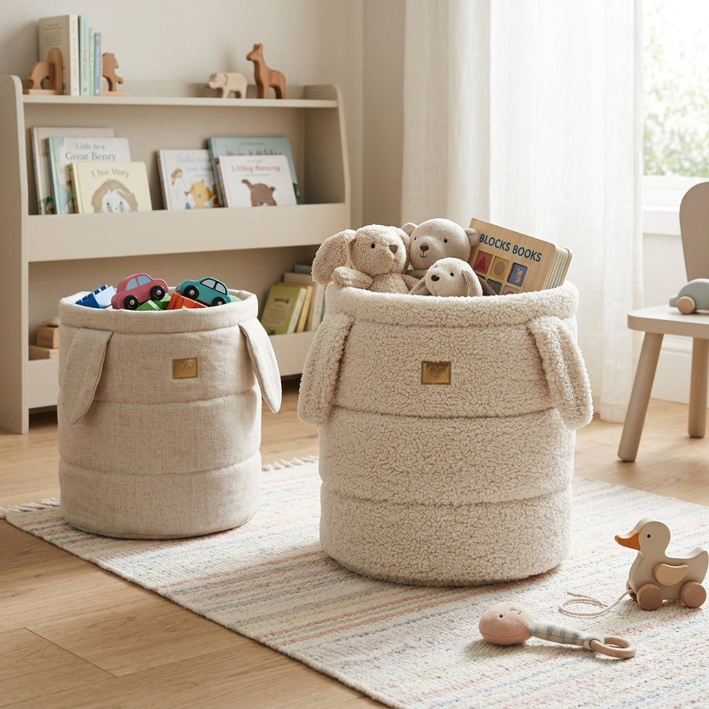MeowBaby Bearly teddy-fleece Toy Storage Basket shown in a calm playroom