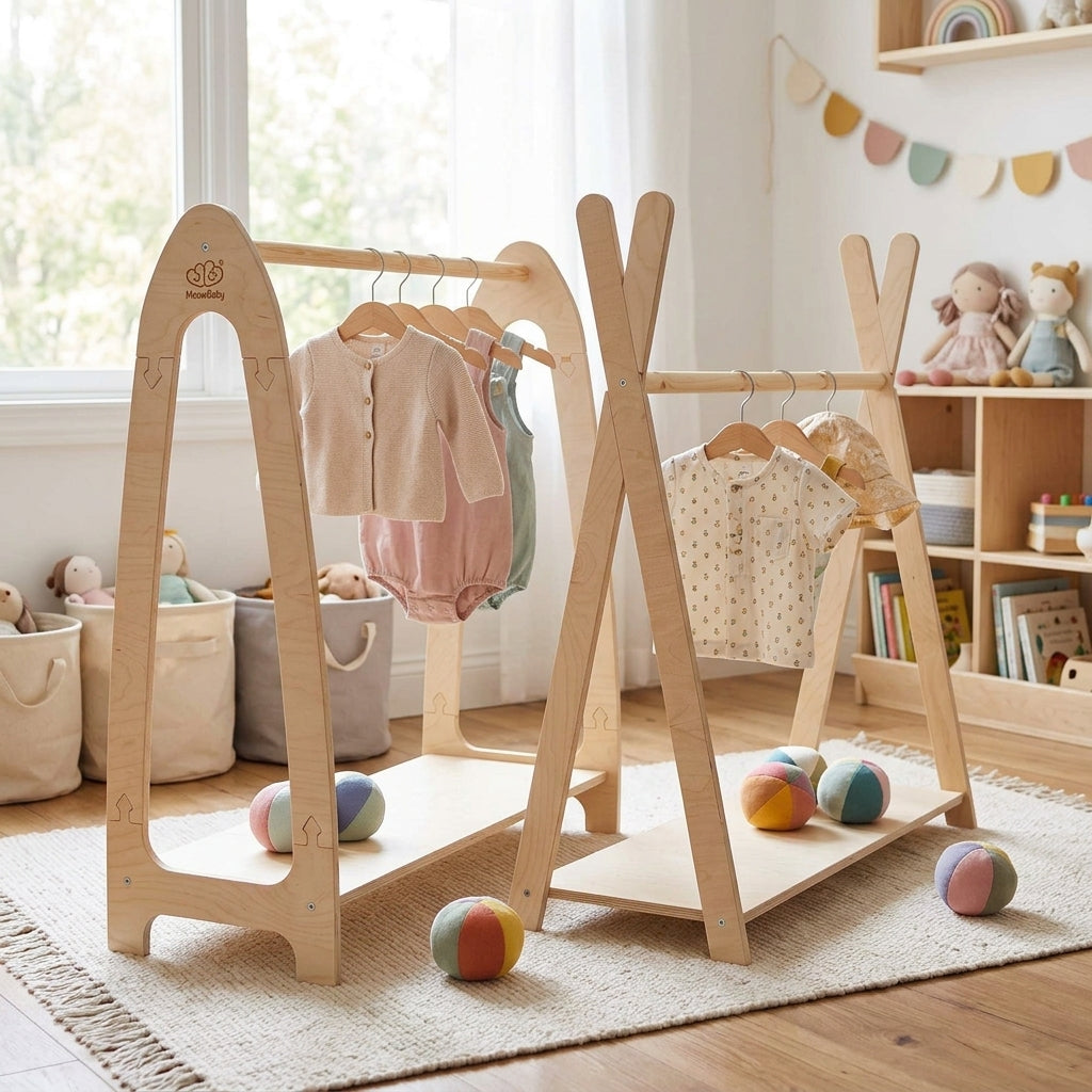 MeowBaby Soft Hanger and Tipi Hanger coat stands shown together at child height in a playroom