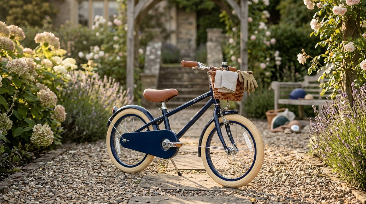 Banwood Classic Bicycle in Navy shown outdoors, part of the restored Banwood range