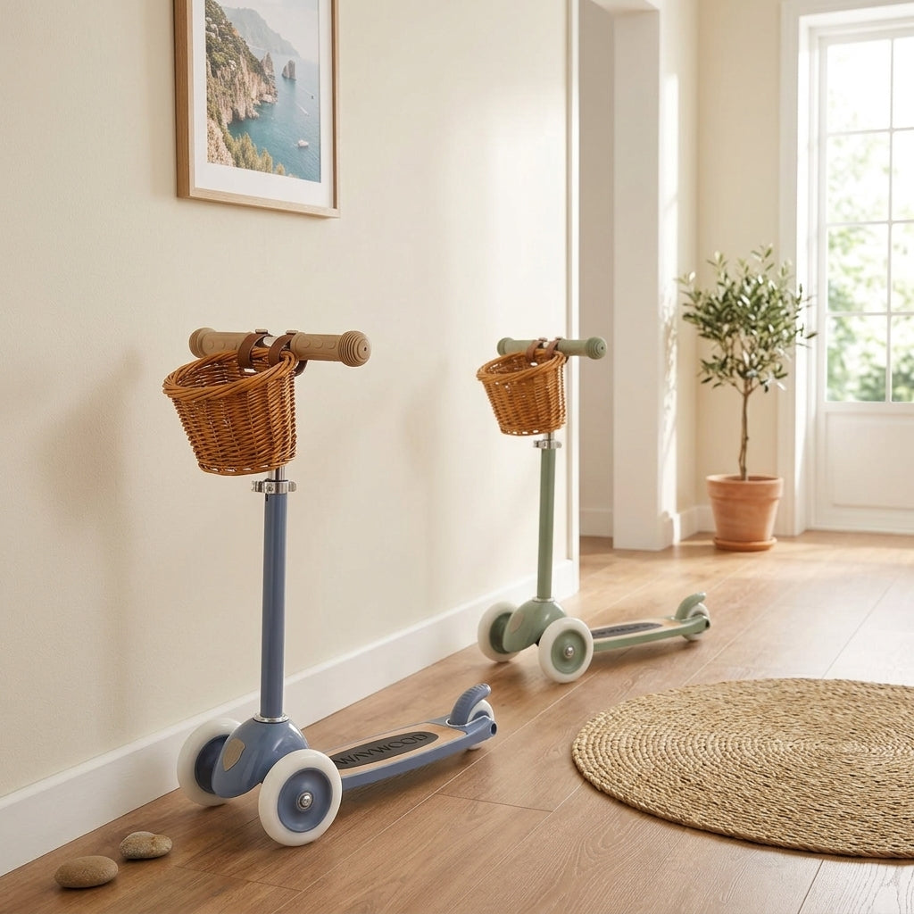 Banwood Vintage 3-Wheel Scooter in Blue shown in a bright, tidy setting representing the restored range