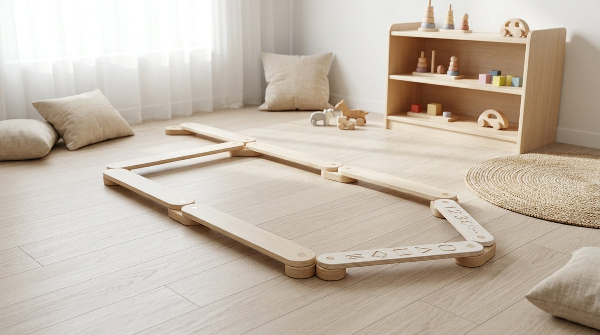 MeowBaby Wooden Balance Beam Sensory Path, 5-piece, laid out in a playroom showing both the plain and numbered sides
