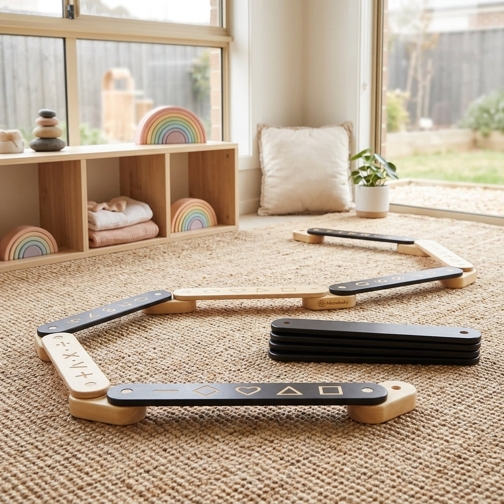MeowBaby Wooden Balance Beam Sensory Path shown flipped to reveal its numbers and shapes side