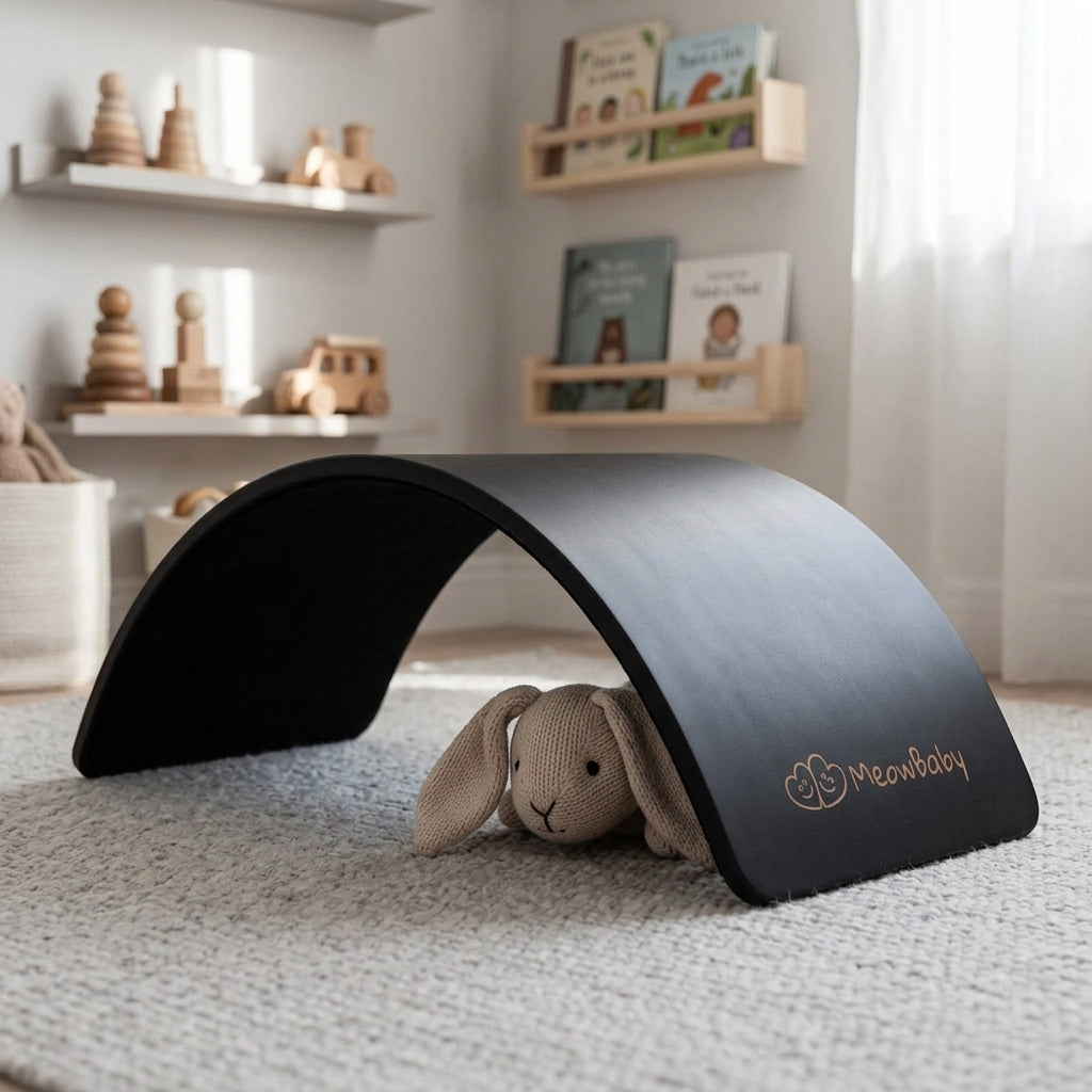 MeowBaby Wooden Balance Board, 80x30cm, shown turned into a tunnel shape with a soft toy