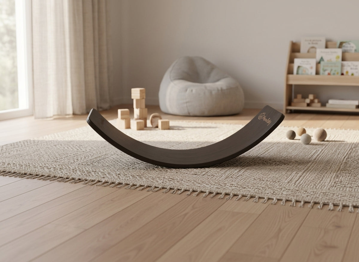 MeowBaby Wooden Balance Board, 80x30cm, resting on a playroom rug