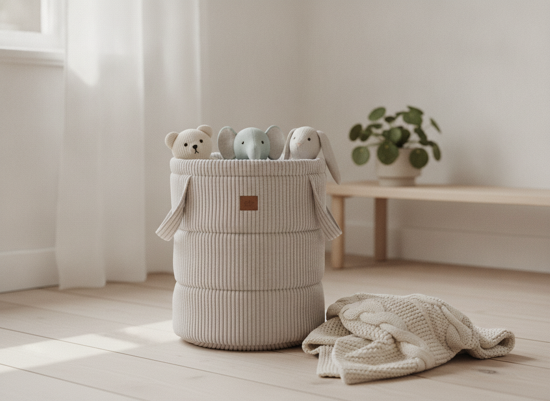 MeowBaby Aesthetic Toy Storage Basket in a calm Scandi nursery corner, holding soft toys and a folded blanket