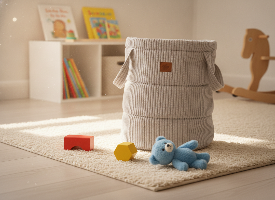 MeowBaby Aesthetic Toy Storage Basket in a playroom corner during toy tidy-up