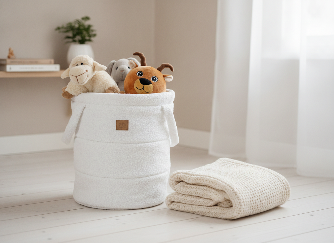 MeowBaby Boucle Toy Storage Basket in White boucle fabric in a calm nursery corner