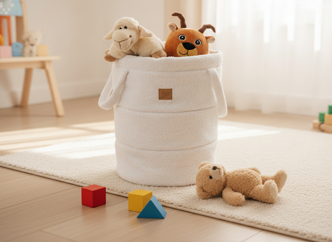 MeowBaby Boucle Toy Storage Basket in White boucle fabric in a playroom during toy tidy-up
