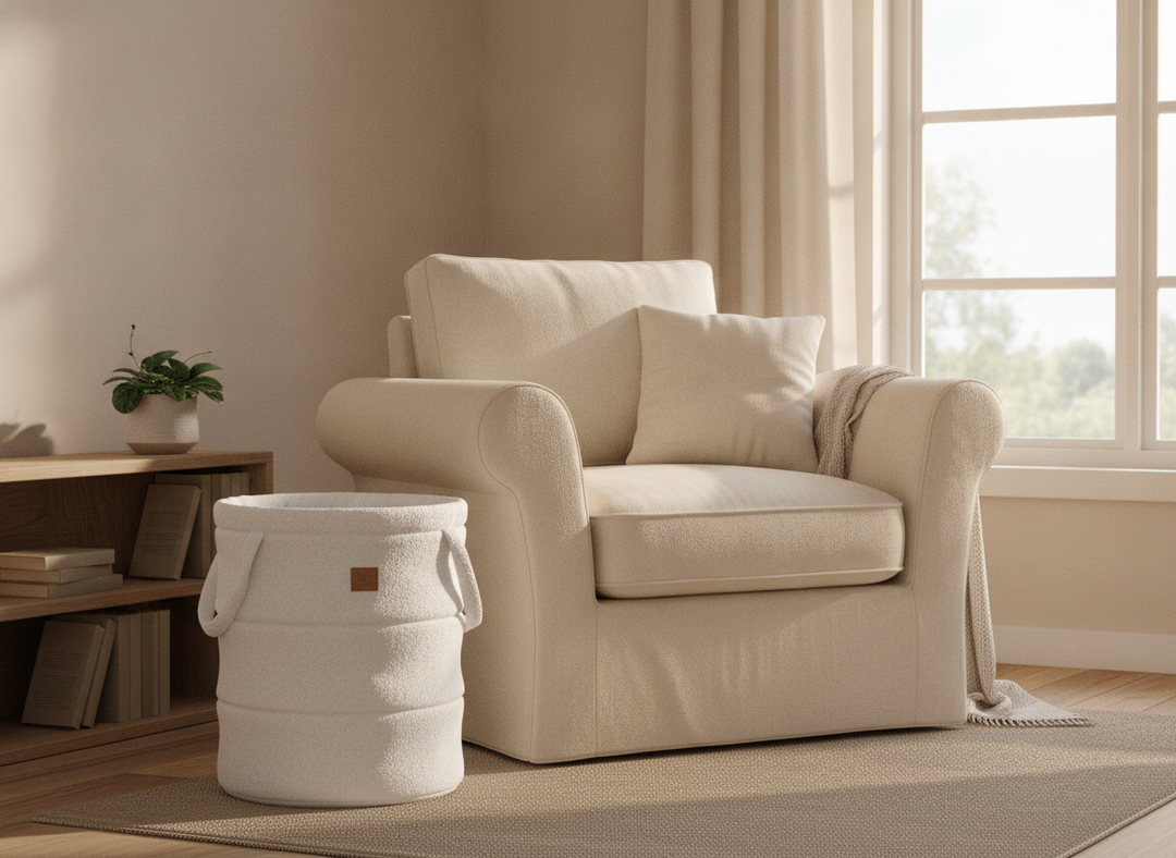 MeowBaby Boucle Toy Storage Basket in White boucle fabric styled as furniture in a living room reading nook