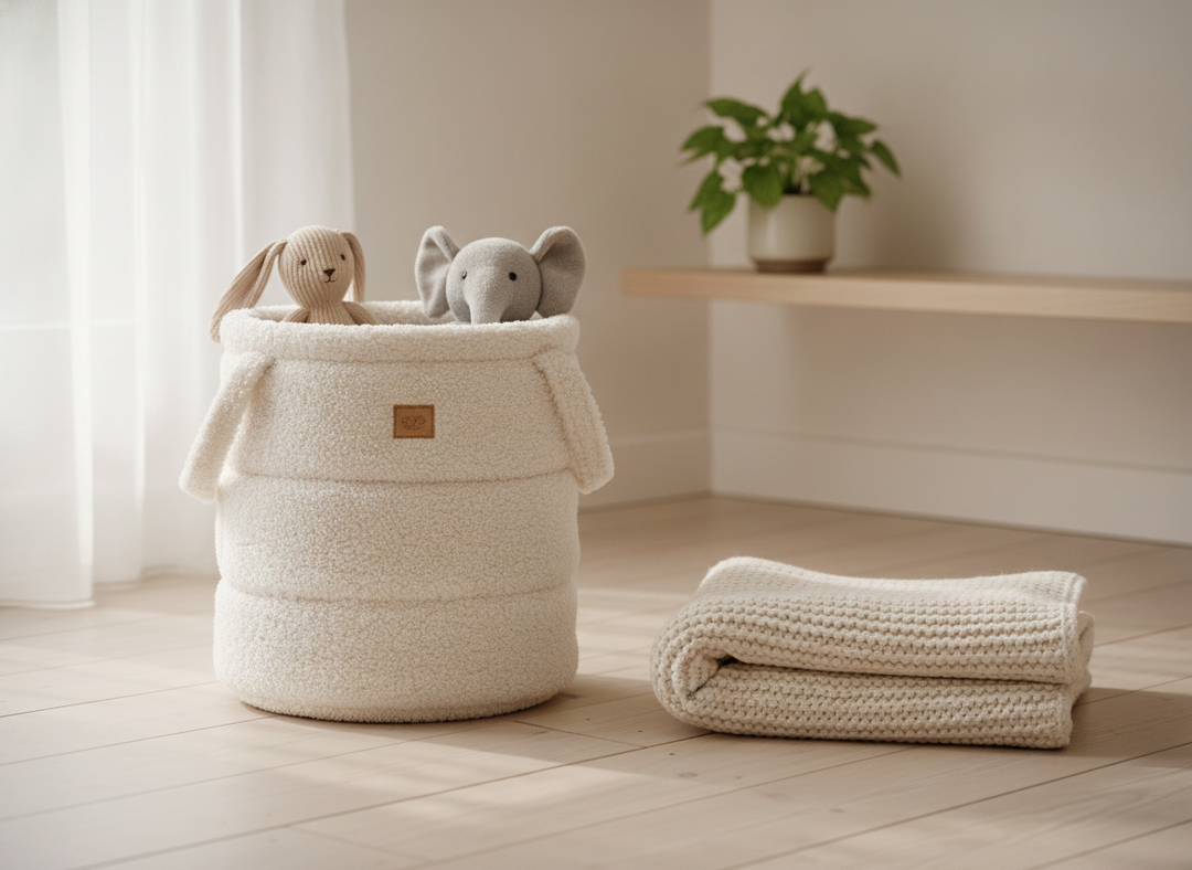 MeowBaby Bearly Toy Storage Basket in Cream teddy fleece in a calm nursery corner
