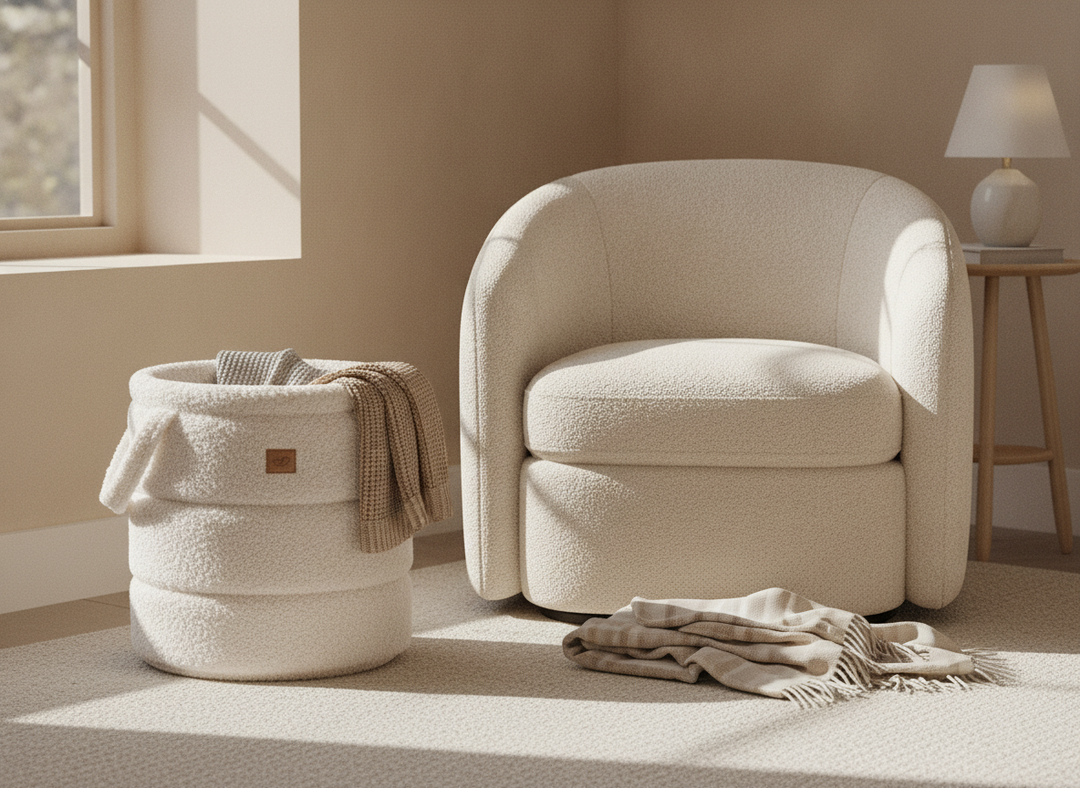 MeowBaby Bearly Toy Storage Basket in Cream teddy fleece styled beside a bedroom armchair