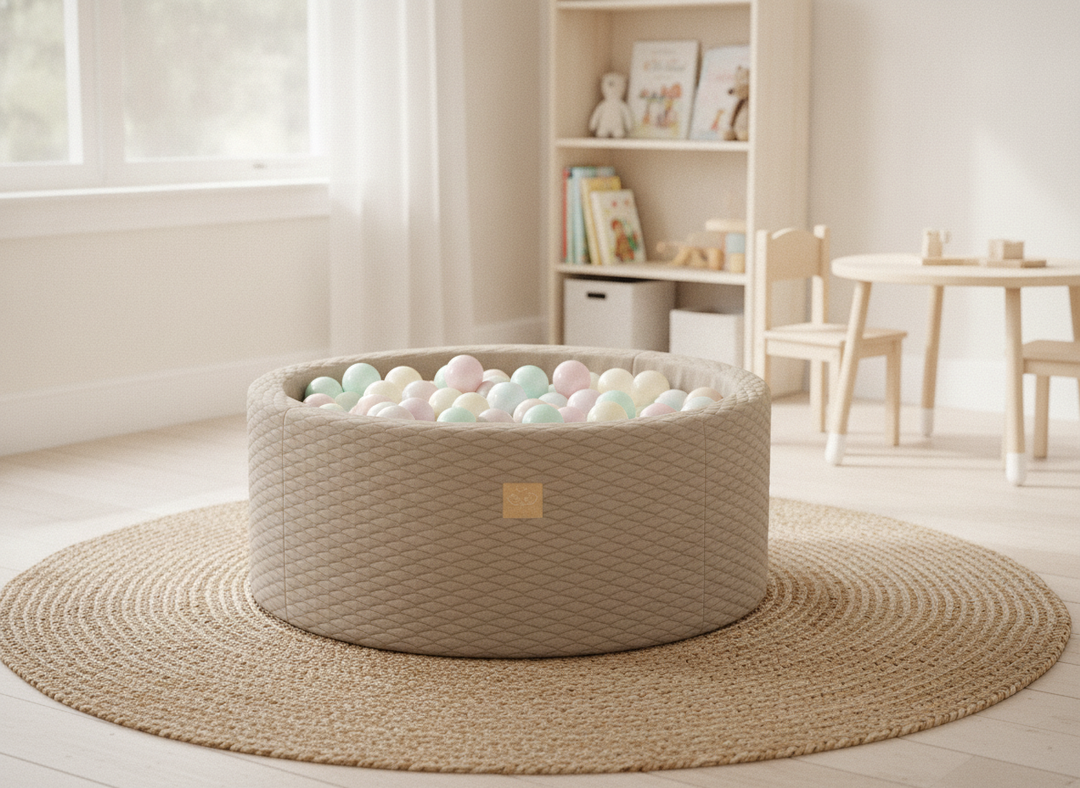 MeowBaby Silver Cloud round foam ball pit on a jute rug in a bright playroom