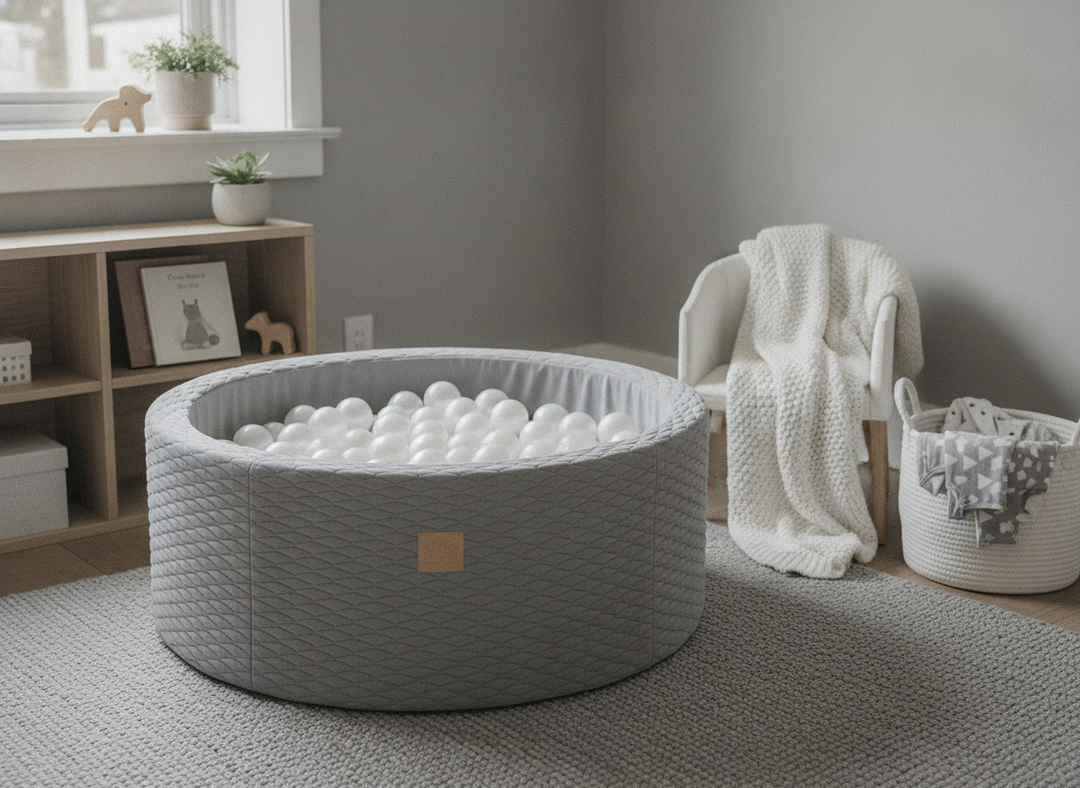 MeowBaby Stone Grey round foam ball pit in a modern Scandi nursery corner