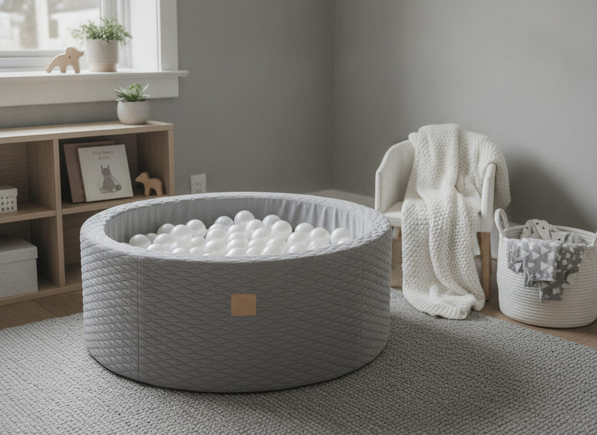 MeowBaby Stone Grey round foam ball pit in a modern Scandi nursery corner