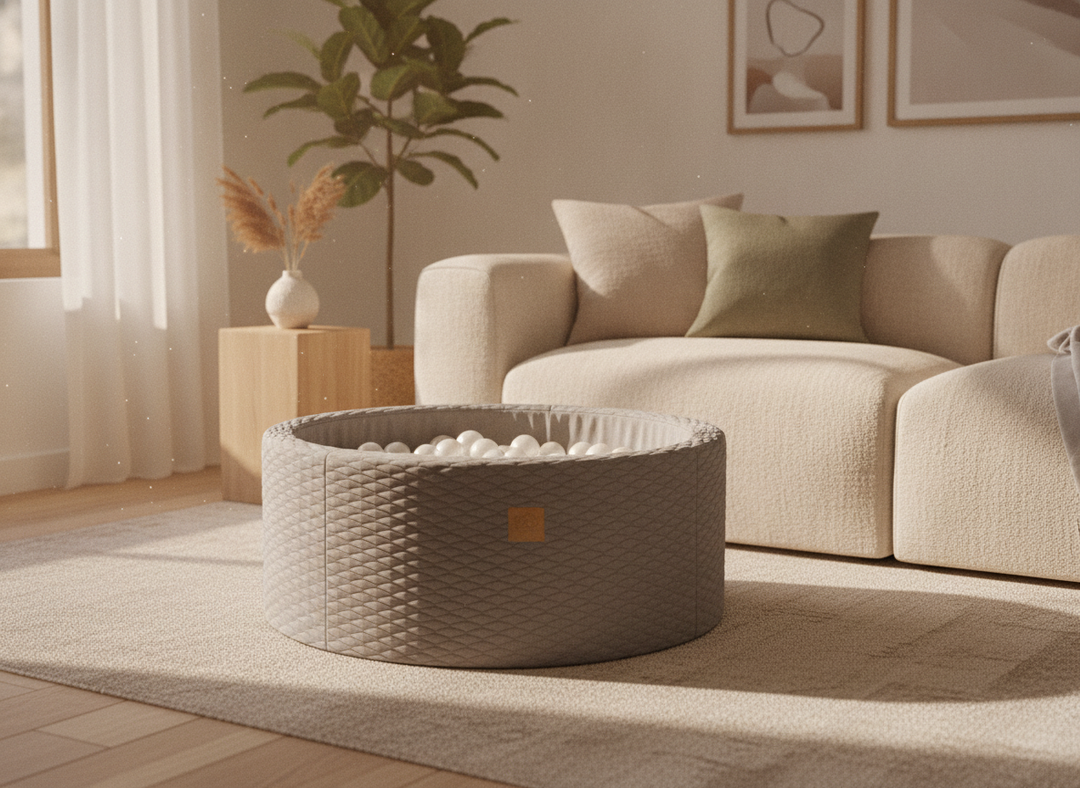 MeowBaby Stone Grey round foam ball pit beside a neutral sofa in a family living room