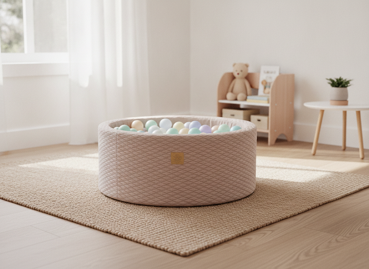 MeowBaby Dune round foam ball pit on a jute rug in a bright playroom
