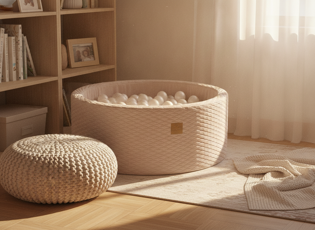 MeowBaby Dune round foam ball pit in a cosy reading nook
