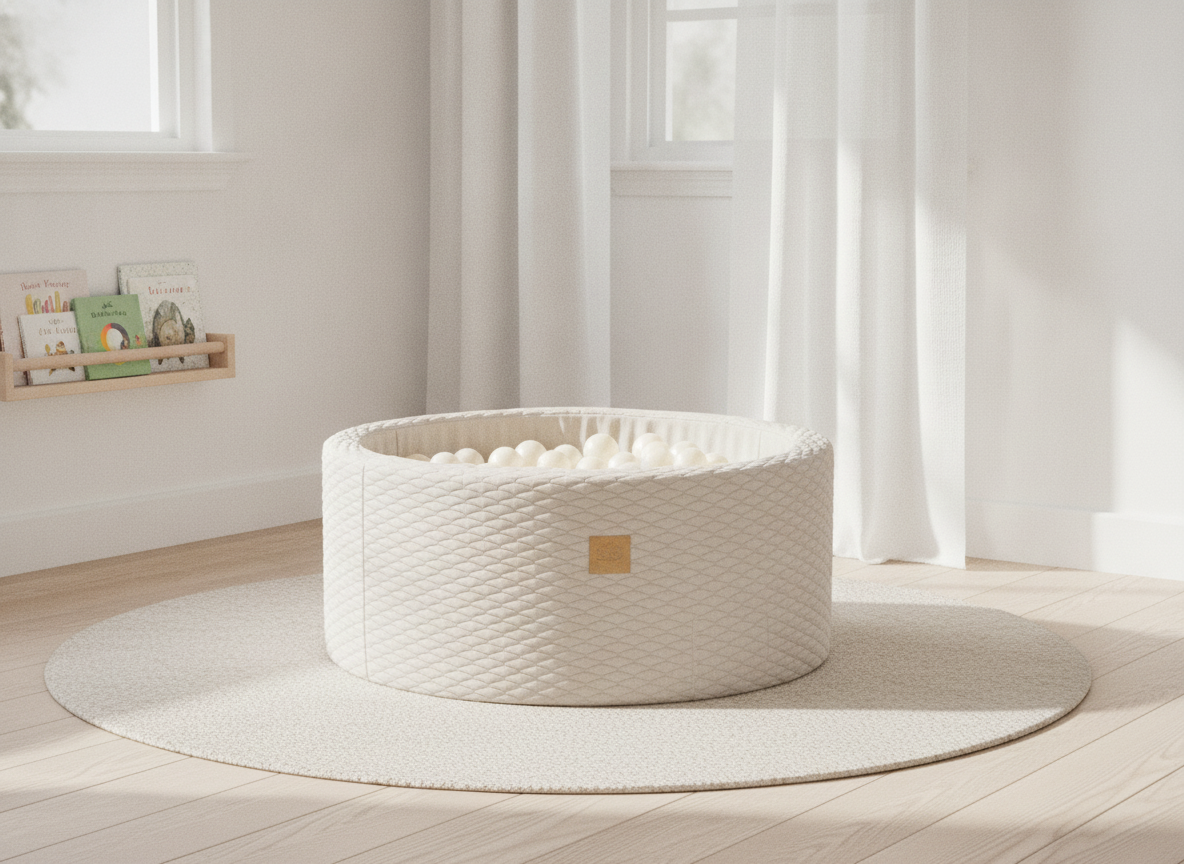 MeowBaby Ivory round foam ball pit in a bright Scandi nursery corner