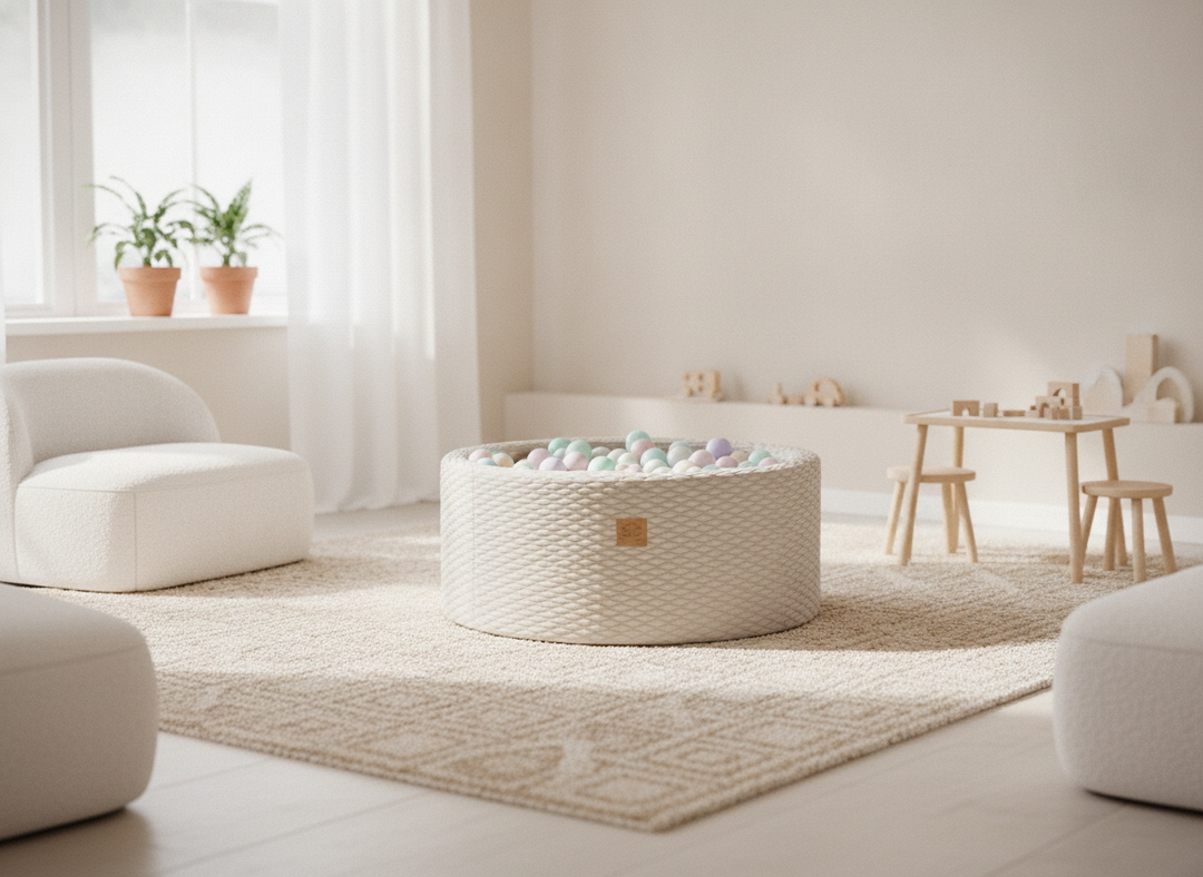 MeowBaby Ivory round foam ball pit on a light woven rug in an airy playroom