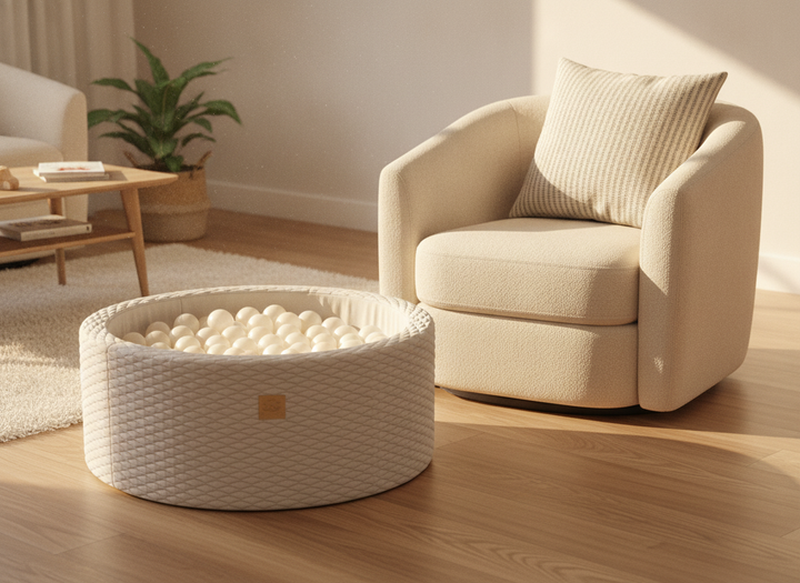 MeowBaby Ivory round foam ball pit beside a cream armchair in a family living room