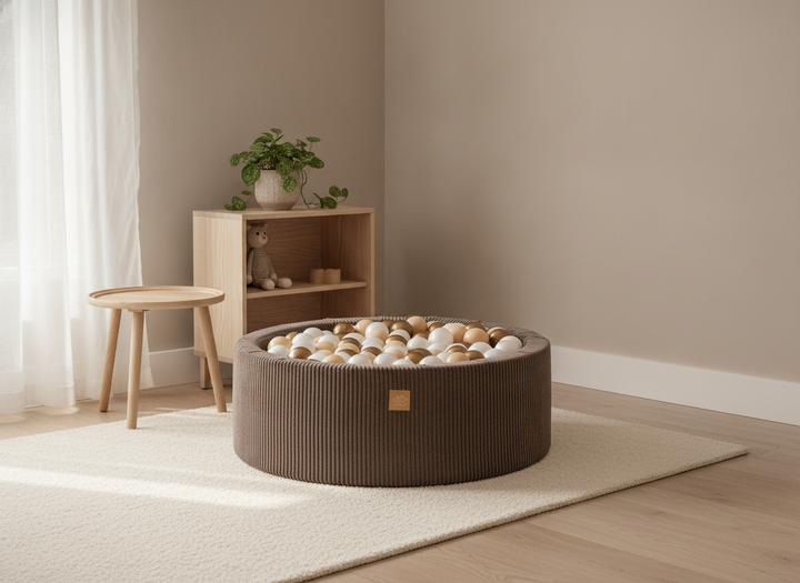 MeowBaby Brown Aesthetic Round Ball Pit in a calm Scandinavian-style nursery corner